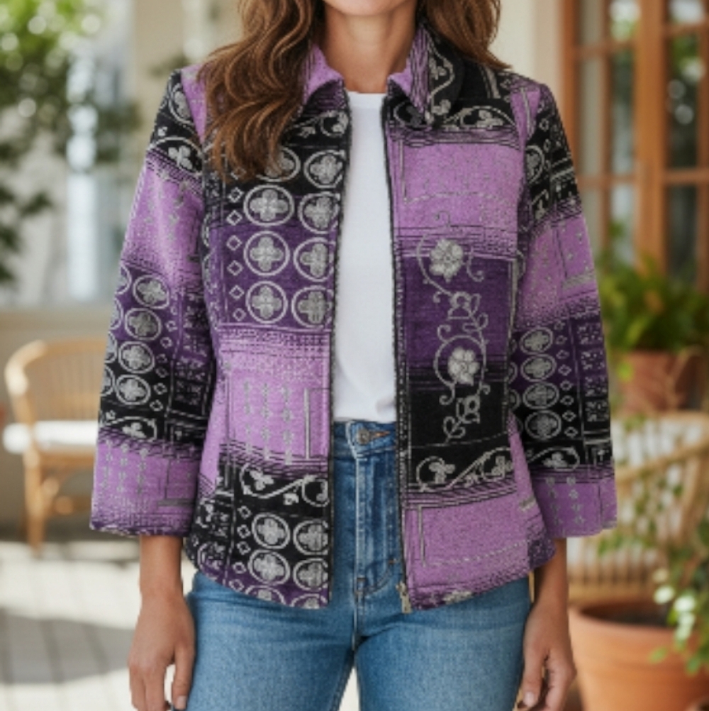 Christopher & Banks purple and black brocade zip-front jacket W/pocket